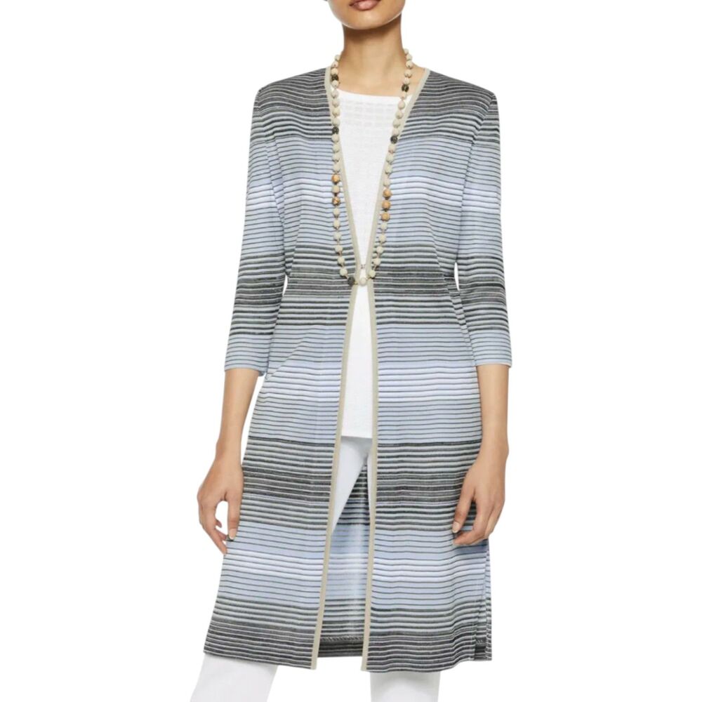 Misook Black Baby Blue Striped Long Line Sweater Duster Cardigan Women’s XL